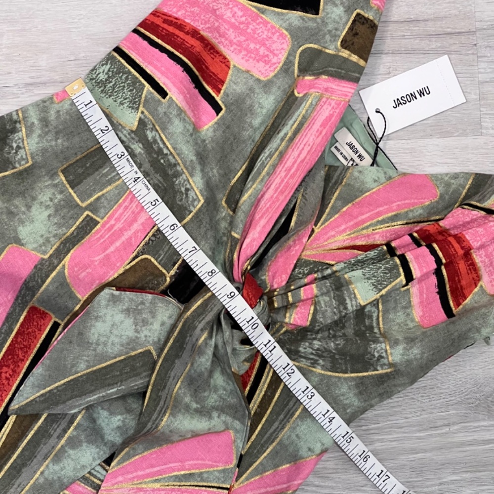 NWT Jason Wu Abstract Print Linen Blend Faux Wrap Midi Green & Pink Dress Size 4 - Picture 13 of 15